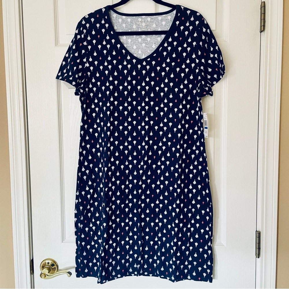 Nautica Sailboat Print Sleep Dress Cotton Nightgown Navy V-Neck Lounge